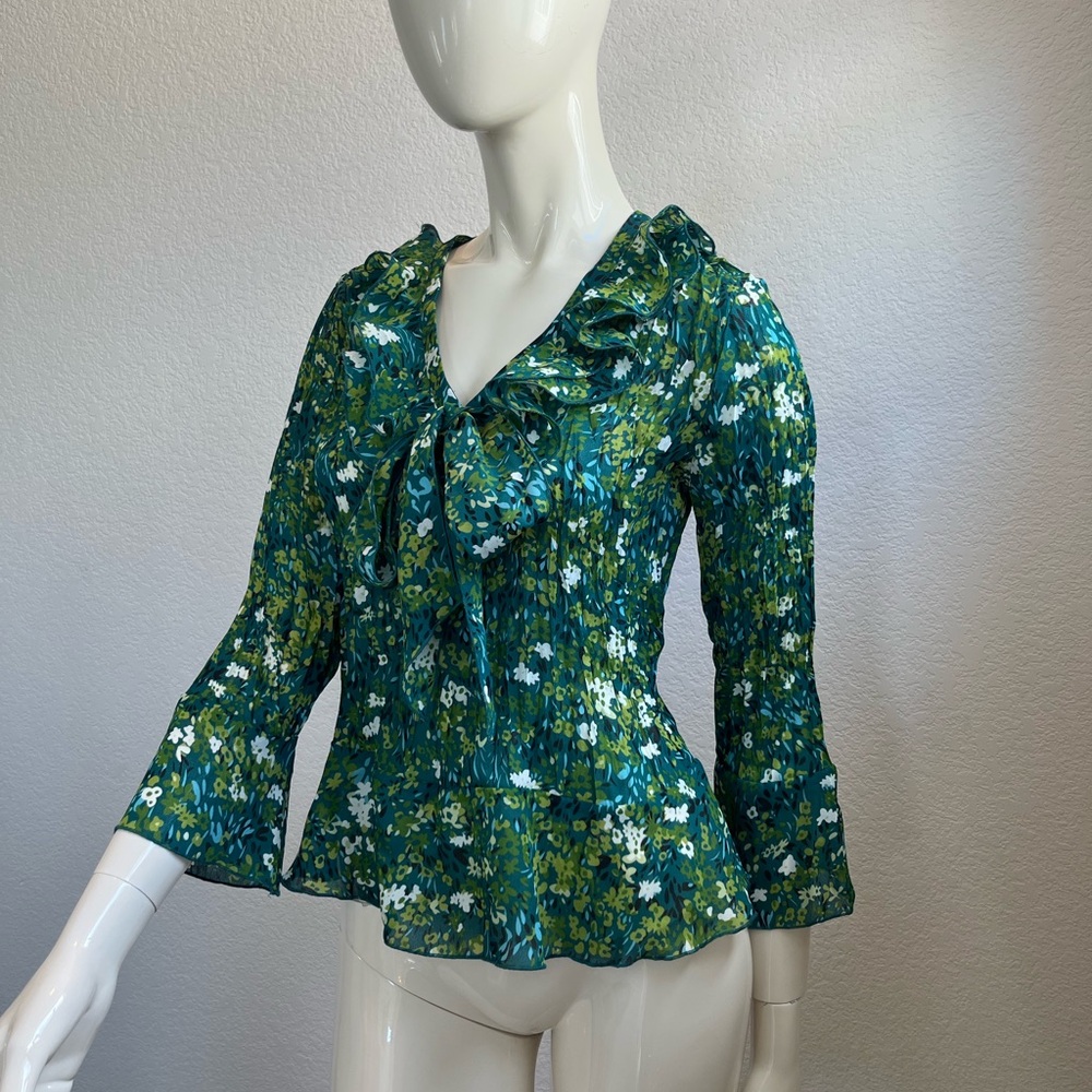 Sunny Leigh Green and Blue Ruffled Bell Sleeve Blouse